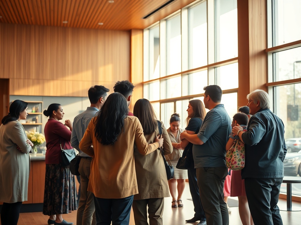 Cinematic wide shot of a diverse group of migrants and staff embracing in a sunlit modern reception area with warm wood tones, 8k photorealistic commercial photography, natural light streaming through large windows, emotional connection, high-end hospitality feel