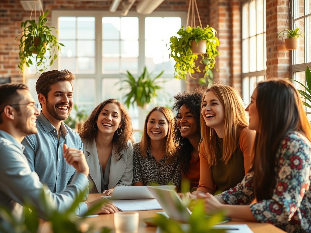Dynamic team of professionals from various cultural backgrounds laughing together in a bright, airy co-working space with exposed brick and hanging plants, 8k cinematic portrait, shallow depth of field, warm golden hour light